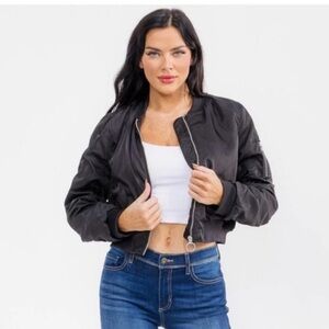 Black LONG RUCHED SLEEVE ZIPPER CLOSURE POCKETS BOMBER JACKET